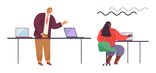 Professional discussion at office table with laptops as coworkers communicate. Ideal for teamwork, collaboration, productivity, office workflow, training, mentorship, leadership. Simple flat metaphor