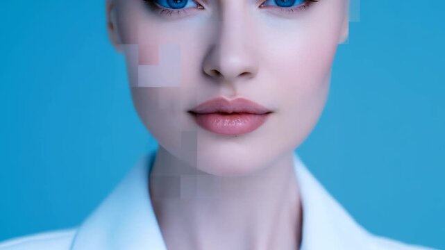 Caucasian woman face revealing from pixelated squares then fading, AI or medical technology concept video.