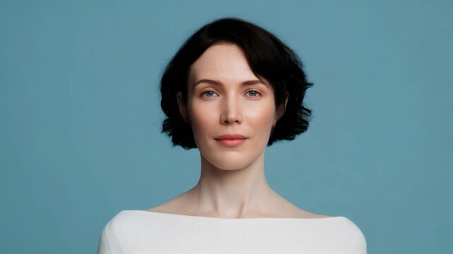 Woman's facial recognition scan unblocks face from pixelated view to clear for futuristic security, video