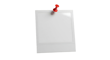 An empty polaroid photo held in place by a red pin, offering a blank canvas for memories, isolated on transparent background