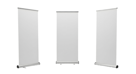 Three blank roll-up banners in different perspectives, ready for your design or message, isolated on transparent background