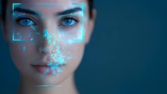 Woman with futuristic facial recognition interface shows digital medical analysis and biometric scanning technology animation - Powered by Adobe