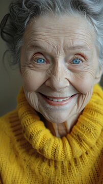 A kind-looking older woman in a yellow sweater smiles for the camera.