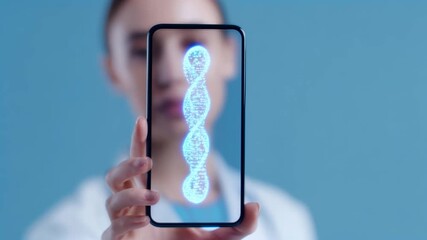 Woman showing an animated brain with neural network moving to DNA helix on smartphone for futuristic medical technology footage - Powered by Adobe
