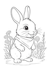 educational editable animal coloring page of cute bunny with hands together, iso size print ready vector lineart