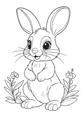 cute bunny holding flower coloring page, educational editable animal illustration iso size print ready vector art