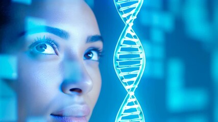 Woman looking at a digital DNA helix structure, with genetic data and futuristic science technology, biology research animation. - Powered by Adobe