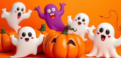 Fototapeta premium Spooky cute cartoon pumpkins and ghosts on orange background, leaves, moon
