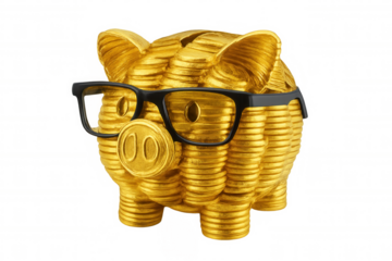 Golden piggy bank wearing glasses, symbolizing smart savings, financial intelligence, and wise investment planning