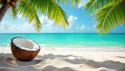 Fototapeta premium Serene Tropical Beach Scene Sun-Drenched Sand, Swaying Palms, Gentle Ocean Waves, Fallen Coconut, Peaceful Solitude