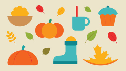 Vector art of a delightful autumnthemed vector illustration featuring pumpkins, leaves, and seasonal treats on a neutral background