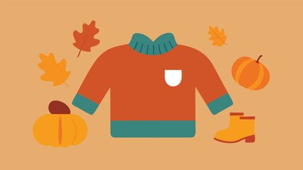 Vector art of autumnal arrangement illustration featuring a sweater, pumpkins, leaves, and boots on a light brown background, perfect for fall season