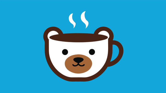 Vector art of a charming bearshaped coffee cup illustration on a bright blue background, perfect for cafe menus and cute design projects