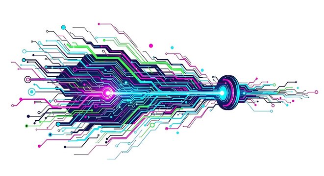 Abstract digital circuit design featuring a central point with flowing lines and vibrant colors.