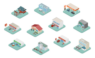 アイソメトリックイラスト：いろんな建物