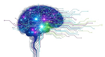 Digital illustration of a human brain with glowing connections and circuit-like pathways, representing intelligence or technology.