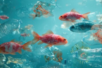 Colorful fish navigating through a sea of plastic bottles and debris, illustrating the impact of pollution on ocean wildlife.