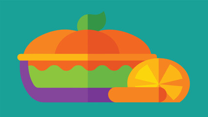 Vector art of pumpkin pie and orange slice, perfect for fall and thanksgiving, a delightful autumn treat on a turquoise background