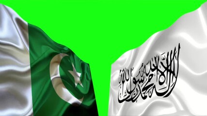 4k political, military conflict or war between Pakistan and Afghanistan, flag waving on chroma key. Disaster, nuclear war concept, 3d Afghanistan vs Pakistan Flag wave loop animation on green screen