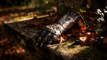 Obraz premium Ornate metal gauntlet rests on mossy stone amidst fallen leaves.