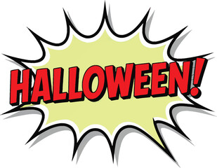 Comic book style "Halloween!" burst with red lettering, yellow background, and black outlines for spooky season promotions and event graphics. isolated on transparent background