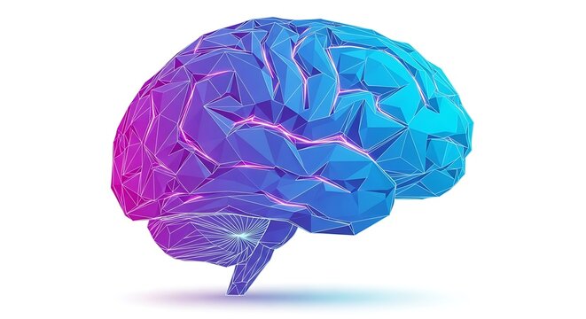 Low poly 3D rendering of a human brain in gradient colors, isolated on white.