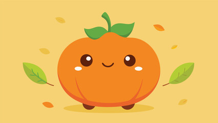 Vector art of cute cartoon pumpkin character with leaves falling around it, a whimsical autumn illustration on a yellow background