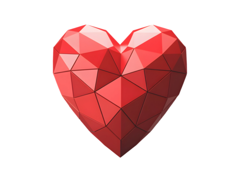 Low poly 3D rendering of a vibrant red geometric heart shape isolated on a transparent background