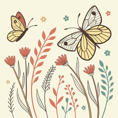 Fototapeta premium Two Butterflies and Wildflowers in a Muted Color Palette