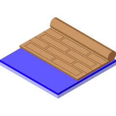 Isometric view of a rolled out brown wooden flooring plank pattern on a blue base layer representing subfloor material used in home renovation and construction industry for interior design projects