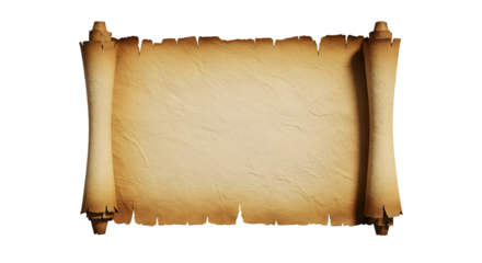 An ancient scroll unfurled, its aged surface ready to tell a story. The paper is textured and shows signs of wear and tear, like it's been around for centuries. The rolled ends are detailed.