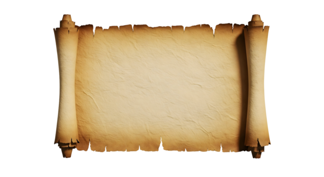 An ancient scroll unfurled, its aged surface ready to tell a story. The paper is textured and shows signs of wear and tear, like it's been around for centuries. The rolled ends are detailed.