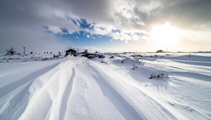 Snowy Landscape Under Bright Sunlight With Tire Tracks on Snowdrift Field Against Cloudy Sky White and Blue Winter Scene