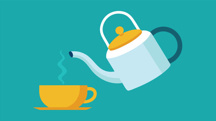 Vector art of pouring hot tea from a white teapot into a yellow cup, creating a warm and inviting scene for relaxation