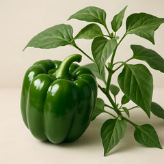 Green Bell Pepper With Leafy Plant – Fresh Produce Still Life for Healthy Living