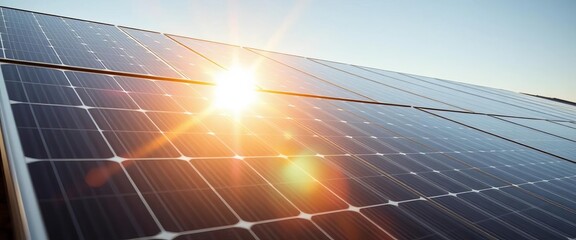 Close-up of solar panels on a roof, sun shining, power, nature