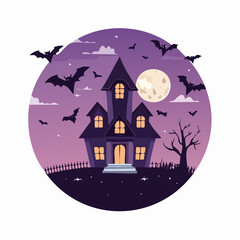 Flat vector Halloween background with haunted house, bats flying, full moon, and dark purple night sky