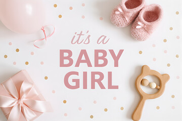 It's a Baby Girl Announcement With Pink Shoes Balloons and Confetti Decor