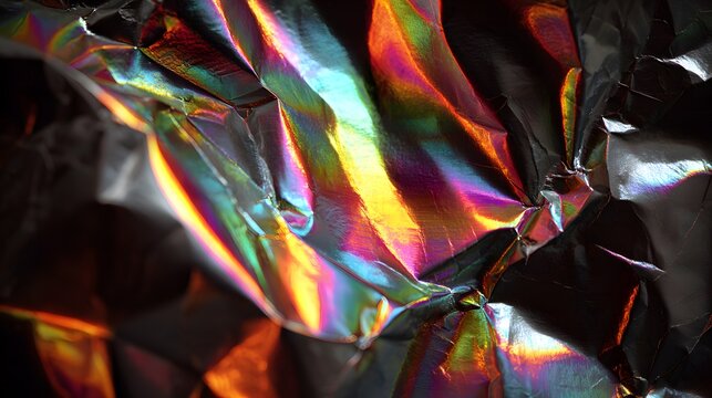 Shiny metallic foil reflects colorful light in abstract patterns.