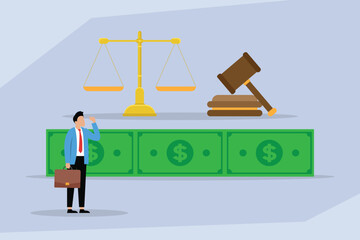 Plakat Businessman standing before money, a balance scale, and a judge's gavel, representing financial law, legal disputes, banking regulation, and corporate compliance 2d flat vector illustrations
