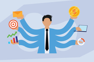 Multitasking businessman with six arms simultaneously managing business tasks, symbolizing high productivity, efficiency, time management, and being overworked 2d flat vector illustrations
