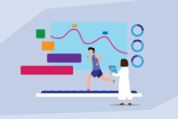 Doctor or scientist monitoring an athlete running on a treadmill with digital health data, heart rate graph, and performance metrics 2d flat vector illustrations