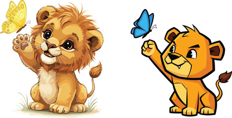 Cute baby lion cub playing with colorful butterflies, adorable cartoon animal illustration, wildlife vector art for children, white background design © MDALRAFIN