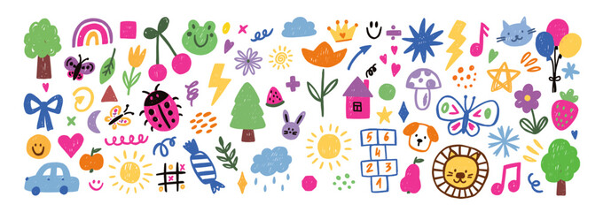 Set doodle kids elements with crayon, pastel or chalk texture. Cute car, tree, animal, flower and star. Color vector illustration.