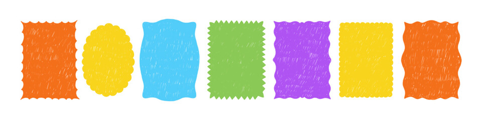 Naklejka na ściany i meble Set of hand drawn frames or shapes for stickers with crayon, pastel or pencil texture. Color vector illustration.