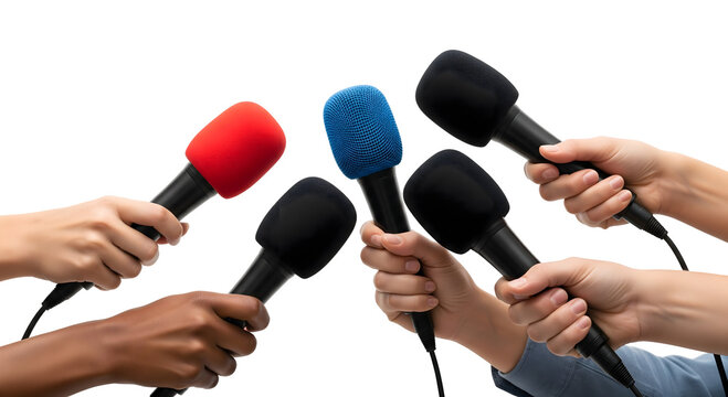 Multiple hands holding microphones of different colors, ready for reporting or interviewing, isolated on transparent background