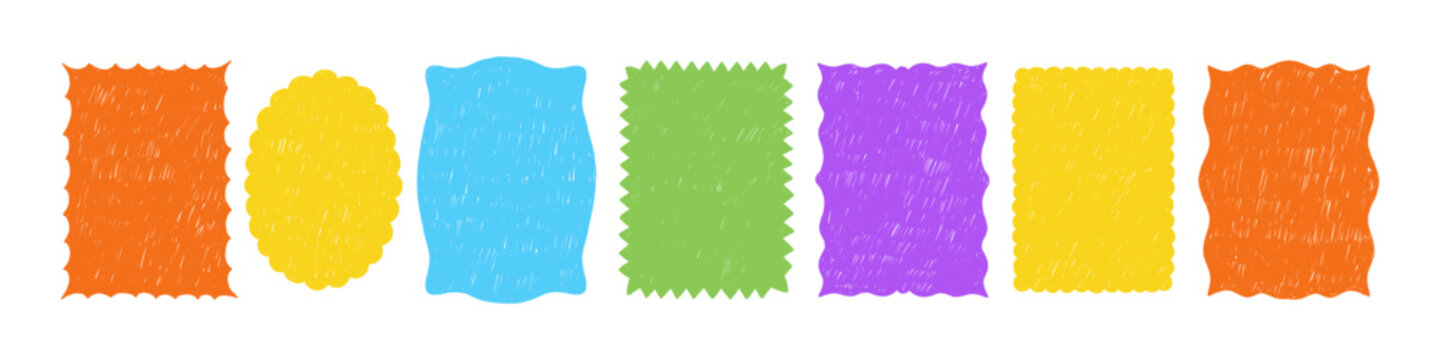 Set of hand drawn frames or shapes for stickers with crayon, pastel or pencil texture. Color vector illustration.