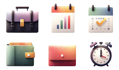 Collection of Colorful Business and Office Objects on Transparent Background