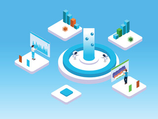 Obraz premium Business Analytics Platform with Robots and Humans Analyzing Big Data Charts - Concept of Automated Business Intelligence and Data Science 3d vector illustration