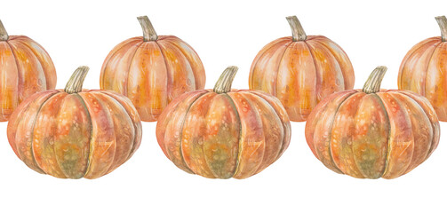 Watercolor seamless border with orange pumpkin on white background. October autumn vegetable raw food for sticker or halloween card. Hand-drawn rim for kitchen. Wallpaper and wrapping or textile